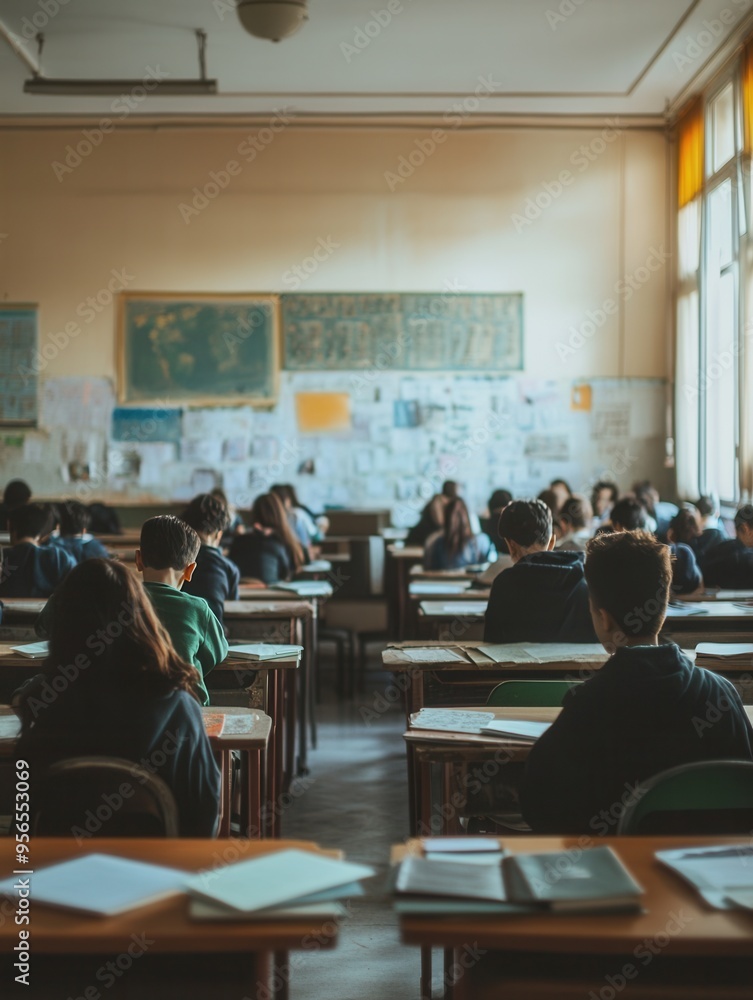 Poster students sit at desks in an overcrowded classroom filled with outdated materials, striving for knowl