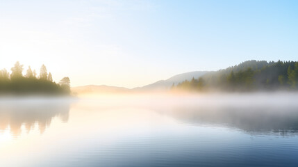 Fototapeta premium Serene Morning Mist Over Calm Lake with Pine Forest Reflection