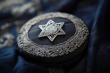 a traditional jewish yarmulke, or kippah, with a delicate silver clasp