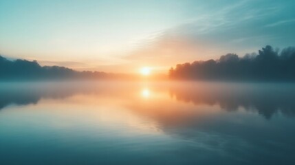 Blurry sunrise in morning mist over still lake : Generative AI