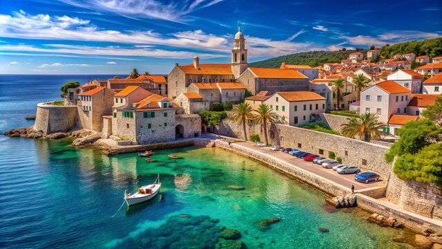 Serene turquoise Adriatic Sea laps against ancient stone walls and red-tiled rooftops in a picturesque Croatian coastal town under a clear blue sky.