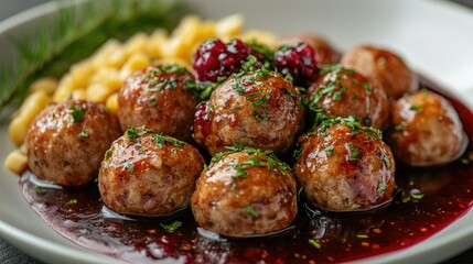 Swedish meatballs with gravy and lingonberry sauce on a white background