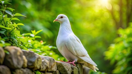 Obraz premium Serene white dove with gentle expression sits calmly on a weathered stone wall amidst lush green foliage, symbolizing peaceful coexistence with nature.