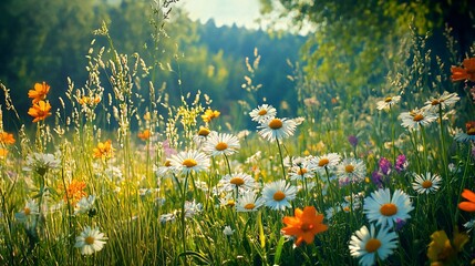 Fototapeta premium Close-up of a meadow blooming with daisies and orange wildflowers, in a soft sunlight.