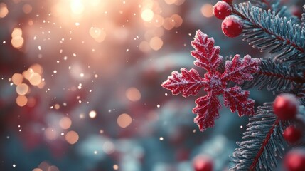 Christmas-themed winter scene with red and green snowflakes softly glistening.
