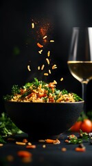 Fototapeta premium A vibrant Portuguese tomato rice dish served in a rustic ceramic bowl, garnished with fresh parsley and accompanied by a glass of white wine