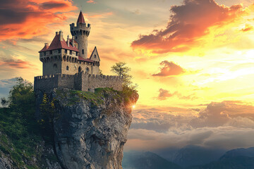 Obraz premium A Majestic Castle Perched on a Clifftop, Bathed in the Golden Hues of a Dramatic Sunset
