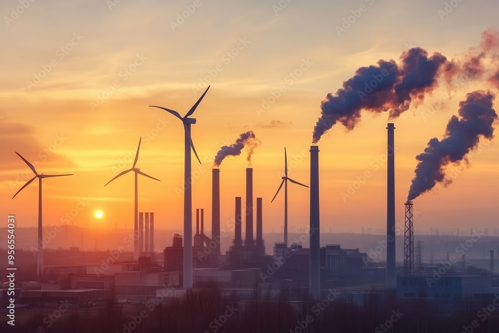 Poster Closed coal mines and old factories contrast with wind turbines at sunset, symbolizing the shift towards greener energy solutions. Generative AI