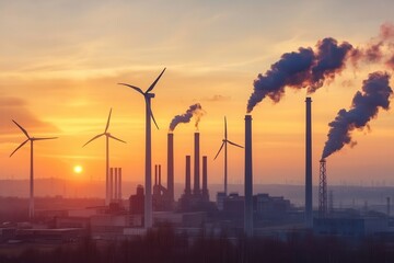 Obraz premium Closed coal mines and old factories contrast with wind turbines at sunset, symbolizing the shift towards greener energy solutions. Generative AI