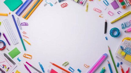 Colorful assortment of stationery supplies arranged on a white surface for creative projects and organization at home or school