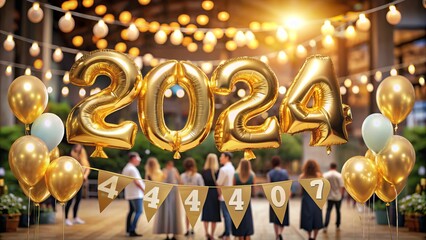 Shiny gold balloons and a customized banner proudly display the class of 2024 graduation year, set against a blurred background of joyful celebrants.