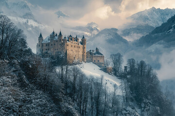 Fototapeta premium A Majestic Castle Perched High Above Snowy Mountains, Bathed in the Soft Glow of a Winter Sunset