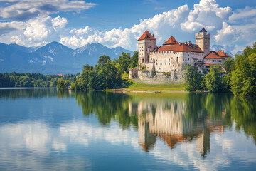 A Majestic Castle Reflects in Still Waters, Its Towers Reaching for the Sky, Underneath a Canopy of White Clouds.