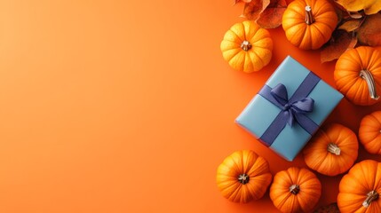 Pumpkins and Gift: Top View of a Festive Autumn Scene on an Orange Background