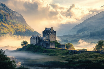 Obraz premium A Majestic Castle Stands Proudly Amidst Rolling Hills and Enchanting Mist at Sunrise