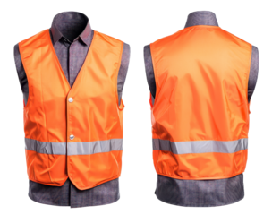 Bright orange safety vest with reflective stripes, ideal for construction, road work, and outdoor use.