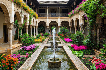 A serene courtyard, adorned with blooming flowers and a tranquil fountain, offering a sanctuary within the ancient castle walls.