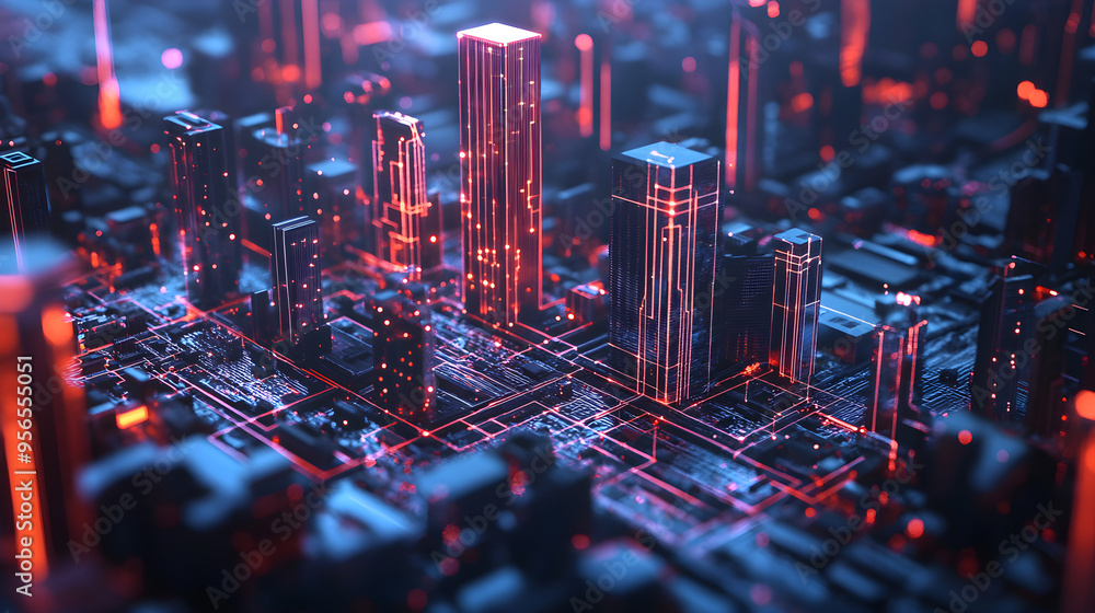Poster a business concept with a 3d illustration of a futuristic cityscape showcasing illuminated buildings