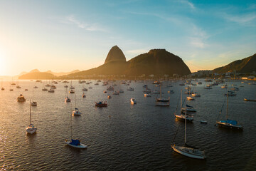 Many Small Boats in Botafogo Bay With Sugarloaf Mountain in the Horizon on Sunrise in Rio de...
