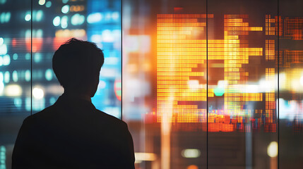 Fototapeta premium A businessman silhouette stands in front of a glowing window, gazing at vibrant city lights and digital data displays, symbolizing ambition and business insight
