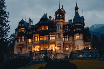 Obraz premium A Majestic Castle Bathed in Warm Light, Its Towers Reaching for the Twilight Sky, a Scene of Enchantment and Mystery.