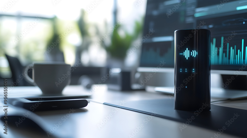 Poster a close-up of a smart assistant device sits on a desk alongside a coffee mug and computer, showcasin