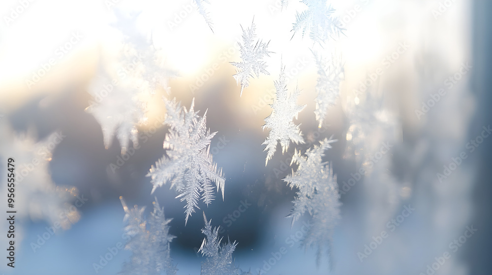 Aufkleber a close-up of ice crystals forming intricate patterns on a window, showcasing delicate details with 