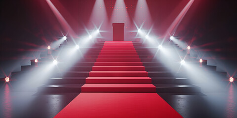a red carpet with a glowing red box in the center, illuminated by bright lights.