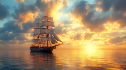 Obraz premium Sailboat on Tranquil Sea During a Colorful Sunset With Reflected Clouds