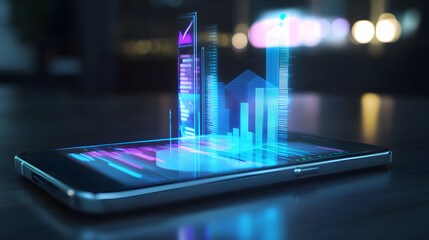 A conceptual image of a smartphone displaying a holographic interface with colorful graphs and data visualizations illuminated in a modern environment