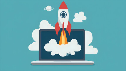 A conceptual image of a rocket launching from a laptop symbolizes innovation, technology, and the future of exploration