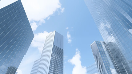 Fototapeta premium Skyscrapers Reaching Towards The Sky With Reflection Of Clouds
