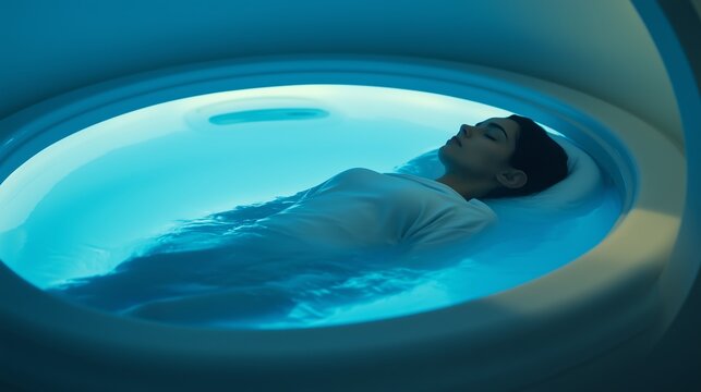 A calm woman experiencing relaxation in a tranquil floating tank with soothing blue lighting at a wellness center
