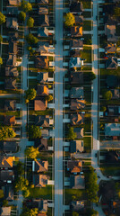 A drone shot captures a suburban neighborhood with rows of houses and tree-lined streets basking in soft evening light