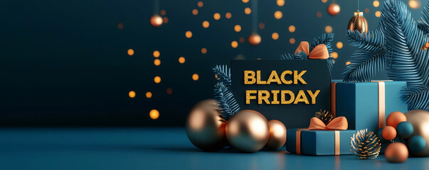 Colorful Black Friday decorations with gifts, ornaments, and seasonal elements create a festive shopping atmosphere.