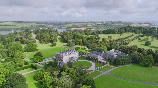 Antony House from a drone, Woodland Garden and Woodland Walk, Torpoint, Cornwall, England