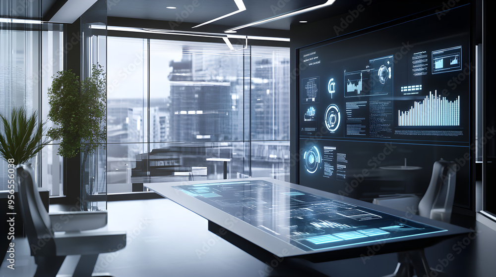 Poster a futuristic office environment features a sleek design with holographic displays showcasing data an