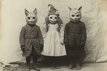19th century children wearing Halloween masks, Halloween scary vintage photography 