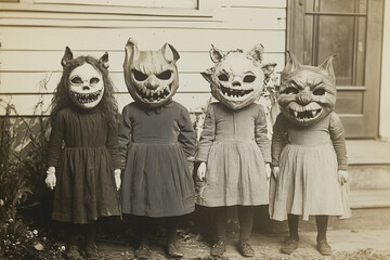 19th century children wearing Halloween masks, Halloween scary vintage photography 
