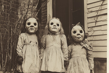 19th century children wearing Halloween masks, Halloween scary vintage photography 