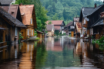 Fototapeta premium A Village Submerged: The Haunting Beauty of a Flooded Town