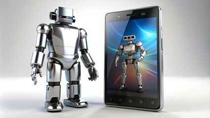 Sleek silver smartphone with robotic features alongside a shiny black device with a prominent screen, comparing technological capabilities and design approaches.