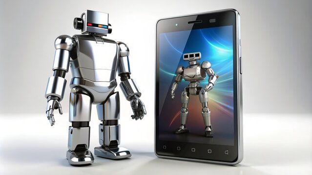 Sleek silver smartphone with robotic features alongside a shiny black device with a prominent screen, comparing technological capabilities and design approaches.