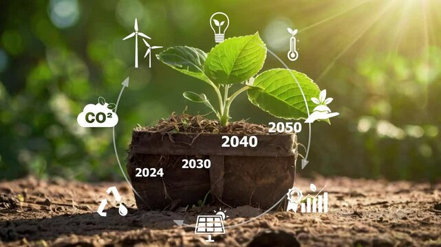 Net zero emission and carbon neutral concept with Net zero icons In Green Forest With Sunlight. net zero greenhouse gas emissions target Climate neutral long term strategy on a green background