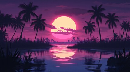 A pink sunset casts a warm glow on a tropical lagoon surrounded by palm trees and lush vegetation.