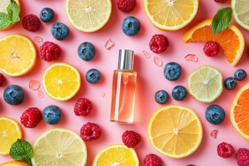 Bottle of body mist surrounded by citrus fruits and berries on a pink background