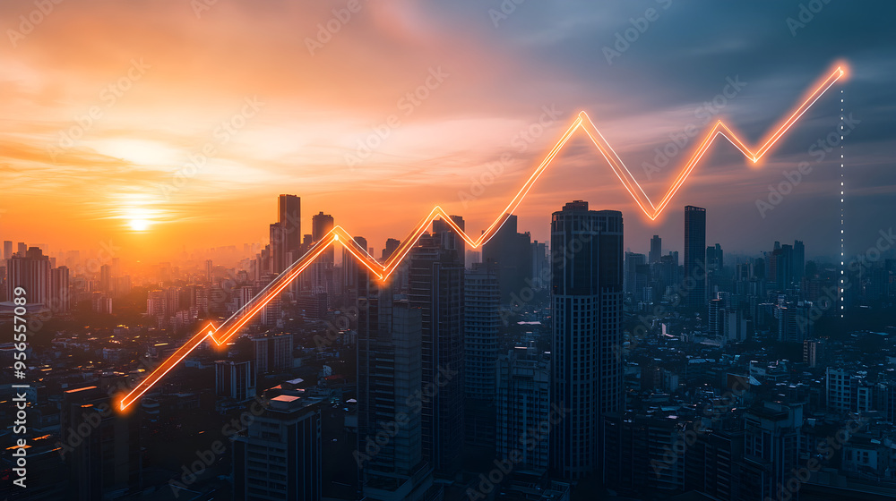 Poster an abstract representation of business growth featuring a vibrant city skyline at sunset with an asc