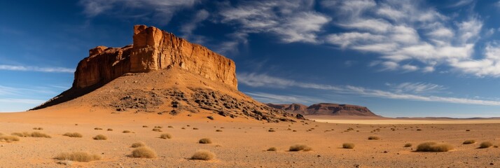 A vast and desolate desert landscape featuring rugged rocky cliffs under the expanse of a clear blue sky, capturing the raw beauty and solitude of the desert environment.