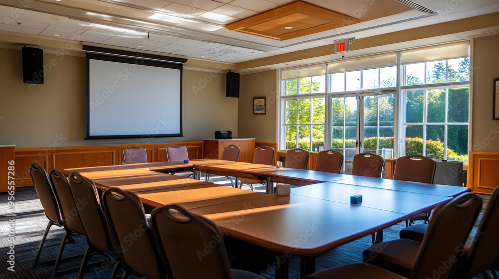 Poster an empty conference room with a large table and chairs arranged, featuring a projector screen and br