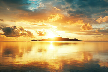 Fototapeta premium A Serene Island Sunset: Golden Light Bathes the Calm Ocean as the Sun Dips Below the Horizon, Casting a Dreamy Glow Across the Sky and Water.